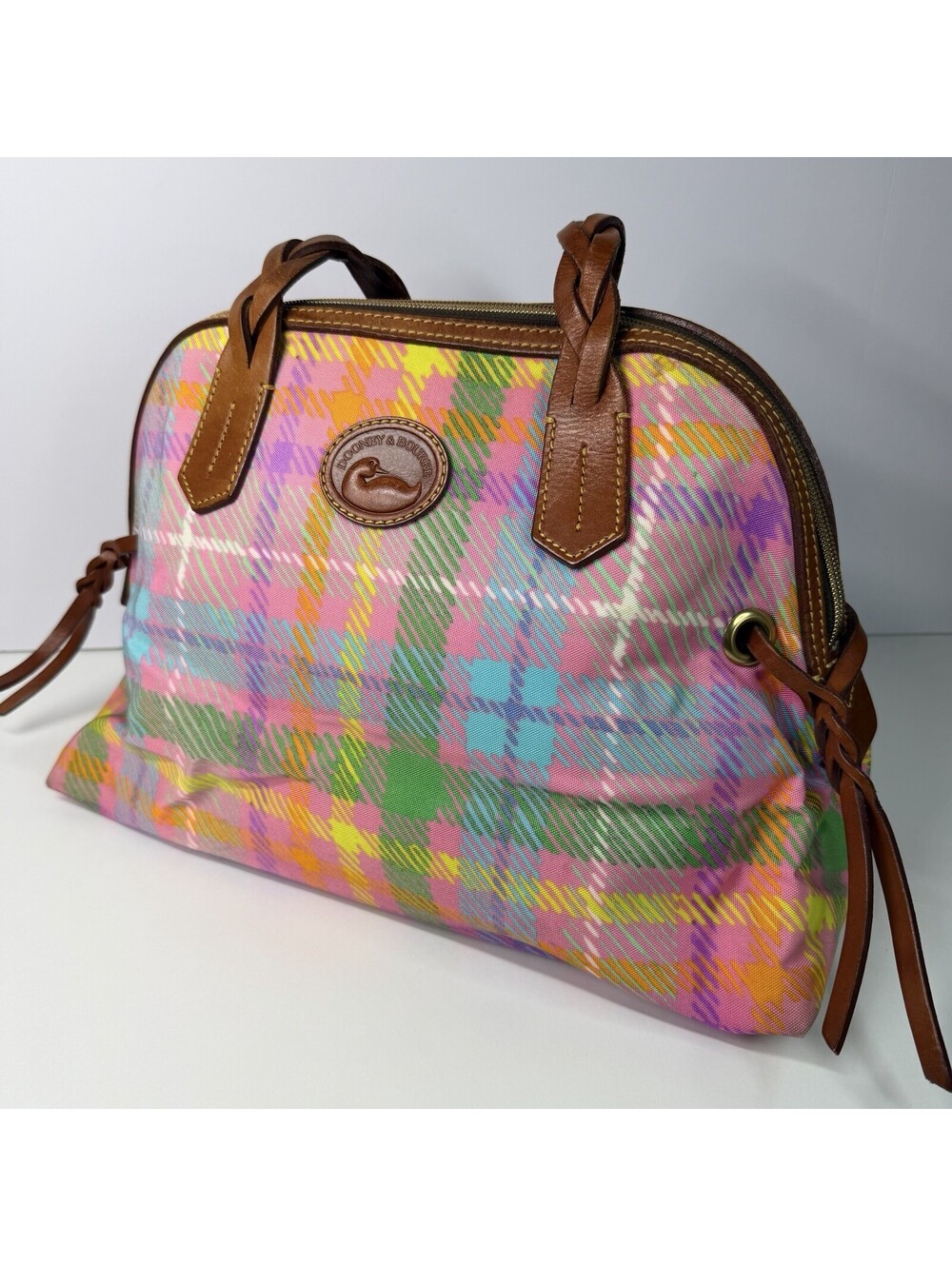 Dooney & Bourke Pink Multicolor Plaid Domed Satchel Braided Leather Handles Zip